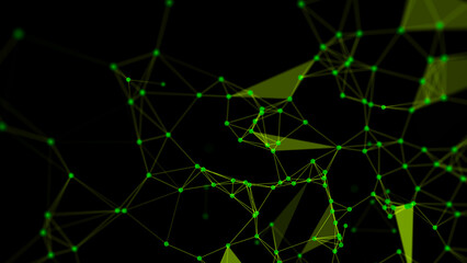 High-tech tour of the green grid with flickering spots and numerous geometric figures, triangles, lines, dots, connected to each other on a green background. 3D rendering.