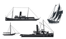 Dampfschiffe Und Segelschiffe, Isoliert Auf Weiß, Illustration,