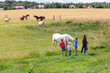 ländliche Idylle - Kinder stehen am Rande einer Pferdekoppel der mehrere Pferde stehen, und streicheln einen Schimmel