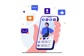 Social network modern flat concept for web banner design. Woman follows blog and personal profile of friend or blogger, likes photos and comments posts. Illustration with isolated people scene