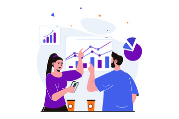 Teamwork modern flat concept for web banner design. Woman and man analyze data, discuss statistics, planing and create company development strategy. Illustration with isolated people scene