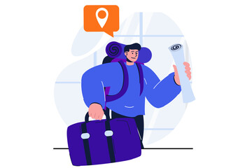 Poster - Traveling modern flat concept for web banner design. Man with backpack and luggage goes on trip. Tourist go on vacation for recreation and sightseeing. Illustration with isolated people scene