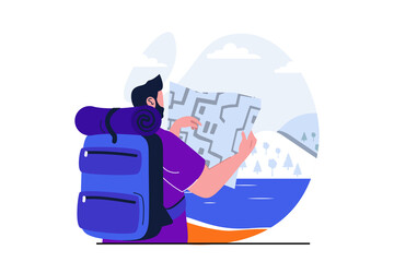 Poster - Traveling modern flat concept for web banner design. Male tourist with backpack looking at map with trekking route, hiking and camping rest outdoors. Illustration with isolated people scene