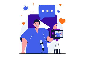 Aufkleber - Video blogging modern flat concept for web banner design. Man blogger recording tutorials on camera and live streaming online. Influencer promotes blog. Illustration with isolated people scene