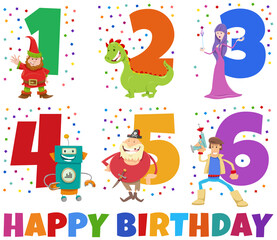 Wall Mural - birthday greeting cards set with cartoon fantasy characters