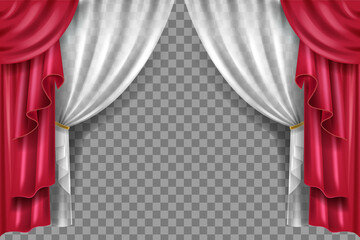 Red stage curtain, luxury opera frame, vector theatre velvet drapery illustration. White tulle, realistic silk, 3D classic cinema interior cloth. Stage curtain backdrop on transparent background
