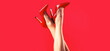 © Yevhen - High heel shoes. Beautiful legs woman. Pretty female legs with red high heels on red background. Perfect female legs wearing high heels. Shapely legs, a girl in shoes high-heeled