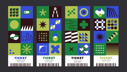 Festival tickets geometric design layout. Minimalist geo forms pattern for invitations, banners, posters, flyers. Vector