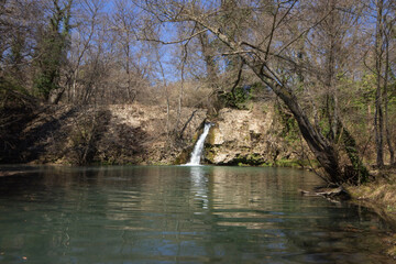 Scenic view of Water fall at The park of the Mola, Name from the old mill of wheat from flour,built in 1573.Surrounded by greenery and remains of the ancient canalization