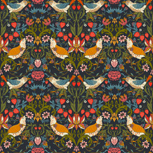 Seamless Pattern With Victorian Flowers, Birds And Berries In The Style Of William Morris
