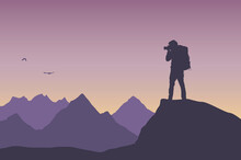 Flat Design Illustration Of Photographer Tourist With Camera. He Stands On A Rock And Photographs The Mountains And Flying Birds In The Evening Sky, Vector