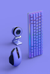 Poster - standing gamer gears like mouse, keyboard and web camera