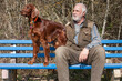 A senior citizen and his beautiful Irish Setter dog are sitting together on a blue wooden bench at the edge of the forest in the spring sunshine and both are looking into the distance.