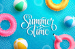 Summer vector background design. It's summer time typography text in water element with floaters and beach ball objects for relax tropical season vacation holidays. Vector illustration.
