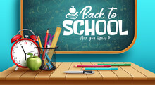 Back To School Vector Concept Design. Back To School Text In Chalkboard With Color Pencil, Alarm Clock And Supplies Elements For Educational Class Learning. Vector Illustration.
