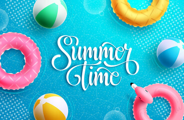 Fototapete - Summer vector background design. It's summer time typography text in water element with floaters and beach ball objects for relax tropical season vacation holidays. Vector illustration.
