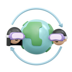 3D Rendering of boy and girl with VR metaverse glasses and golbal icon concept of online technology worldwide exchange information isolate on white background. 3D Render illustration cartoon style.