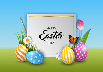 Poster - Easter background with colorful eggs and flowers