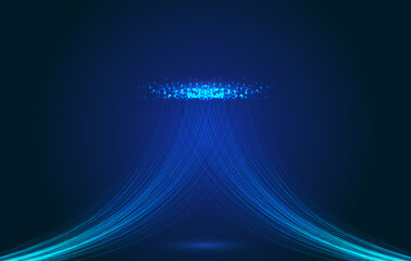 Poster - two lines of blue techno particles stretching into the distance converge