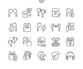 Poster - Wireless earbuds. Phone pairing. Headphone. Listen sound. Pixel Perfect Vector Thin Line Icons. Simple Minimal Pictogram