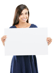 Wall Mural - Its a sign. You were meant to see this. Studio portrait of an attractive young woman holding a blank placard against a white background.
