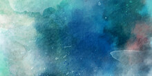 Aquamarine Watercolor Strip Multilayered. Blank Abstract Light Watercolor Paper Background With Space For Copy Space. Fantastic Soft Cloud And Sky Abstract Background With Grunge Texture
