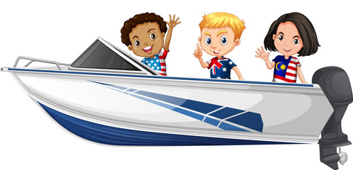 Canvas Print - Boy and girl standing on a speeding boat on a white background