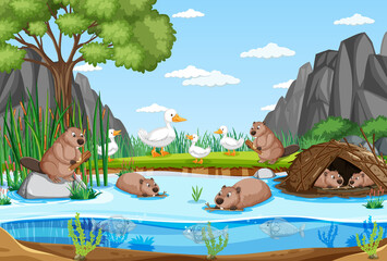 Poster - River in the forest with wild animals