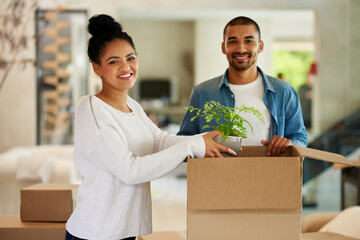 Sticker - Well invite you to the housewarming. Portrait of a happy young couple unpacking boxes in their new home together.