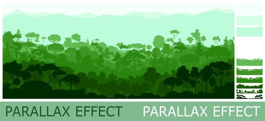 Wall Mural - dense jungle forest on the hills. silhouettes of tall trees. horizontally composition illustration. 