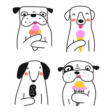 Collection Of Dogs With Ice Creams. Outline Icons. Hand Drawn Vector Illustrations.