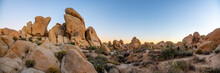 Joshua Tree National Park At Sunset With Large Rock Boulders In View And Sun Dipping Below The Horizon In The Background. 