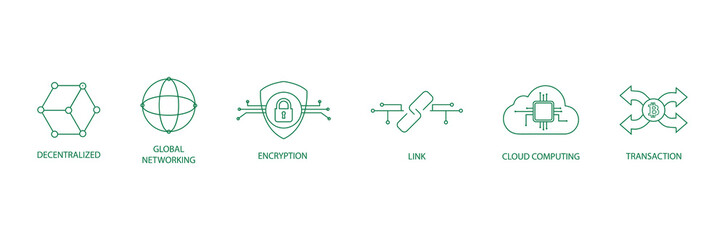 Wall Mural - decentralized, global network, encryption, link, cloud computing, transaction line icon set vector i