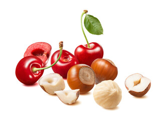 Wall Mural - red sweet cherries and hazelnuts isolated on white background. nuts and berries mix