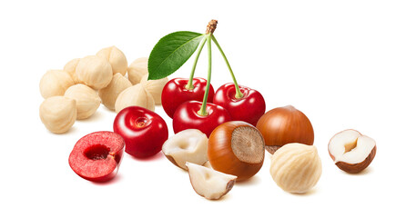 Wall Mural - Red sweet cherries and hazelnuts isolated on white background. Pile of roasted nuts in the background.