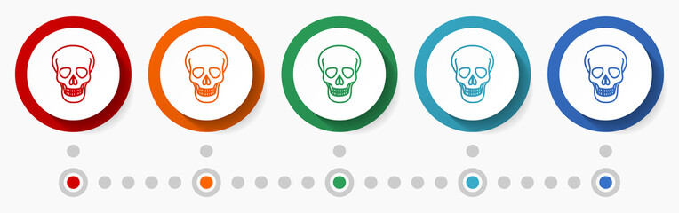 Poster - Skull, death concept vector icon set, flat design colorful buttons, infographic template in 5 color options