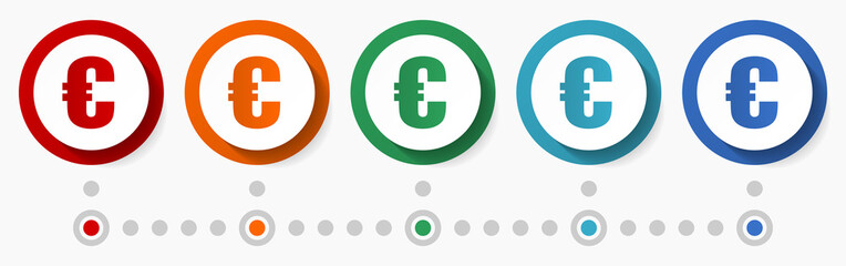 Aufkleber - Euro currency, business concept vector icon set, flat design colorful buttons, infographic template in 5 color options