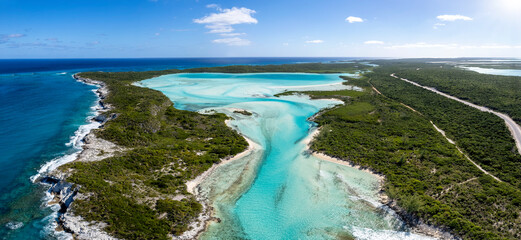 Wall Mural - Aerial view of the blue lagoons and beaches at the north of Long Island, Bahamas