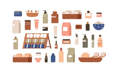 Wall Mural - Cosmetic, beauty products packages. Hygiene and body, skin care items set. Eco bottles, jars, containers, dispensers, droppers and tubes. Flat graphic vector illustrations isolated on white background