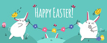 Cute Easter Banner With Two Bunnies Holding The Floral Garland On The Lawn. Chickens And Butterflies Around Them. Great For Web Mailing Or Greeting Banners.