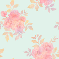  Seamless botanical ornament. Watercolor peony flowers collected in a seamless pattern. Elegant bouquet of peony flowers with leaves on a delicate background.