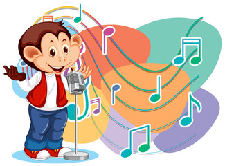 Sticker - Singer monkey cartoon with music melody symbols