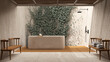 Modern bathroom in beige tones, japanese zen style, exterior eco garden with ivy, limestone walls and wooden floor, bamboo ceiling. Bathtub and shower. Minimalist interior design idea