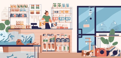 Naklejka na meble Pet store, retail shop interior with vendor, cashier behind counter desk, standing with cats and dogs feed, home animals goods, supplies on shelf. Petshop with zoo accessory. Flat vector illustration