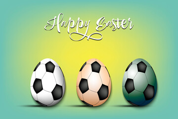 Happy Easter. Set eggs decorated in the form of a soccer balls different colors. Eggs shaped soccer balls. Pattern for greeting card, banner, poster. Vector illustration on isolated background