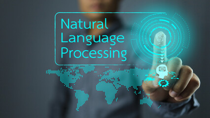 Hands are pressing brain virtual screens to enable natural language processing or NLP to connect to global business networks. Technology concept.