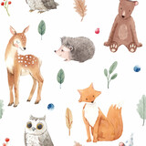Fototapeta Dziecięca - Beautiful seamless pattern with cute watercolor hand drawn wild forest animals deer hedgehog fox owl bear. Stock illustration.
