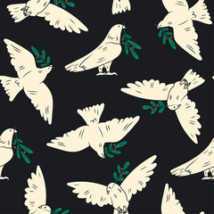 Dove of peace. Flying and standing Bird with an olive branch. Peace and love, freedom, no war concept. Hand drawn modern Vector seamless Pattern. Black background. Wallpaper, poster template