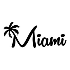 Miami Beach. Destino de vacaciones. Banner con texto Miami con letra con forma de silueta de palmera en color negro