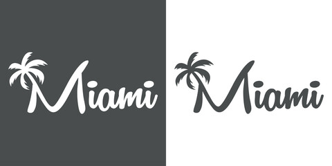 Canvas Print - Miami Beach. Destino de vacaciones. Banner con texto Miami con letra con forma de silueta de palmera en fondo gris y fondo blanco